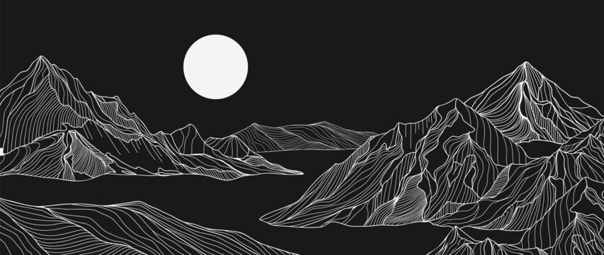 Abstract white mountain on night time background. Minimalist landscape on black wallpaper with hills, sun, moon in hand drawn pattern. Line art design for cover, banner, print, wall art, decoration.
