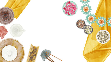 中国のお茶会道具手描き水彩風イラスト