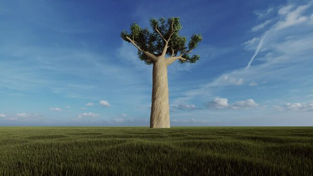 Baobab single tall tree against the blue sky, 4K