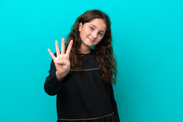 Little girl isolated on blue background happy and counting four with fingers