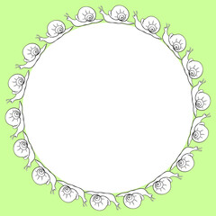 Vector round border, frame of outline cute snails in doodle style. Simple background, decoration for Natural design, kids theme