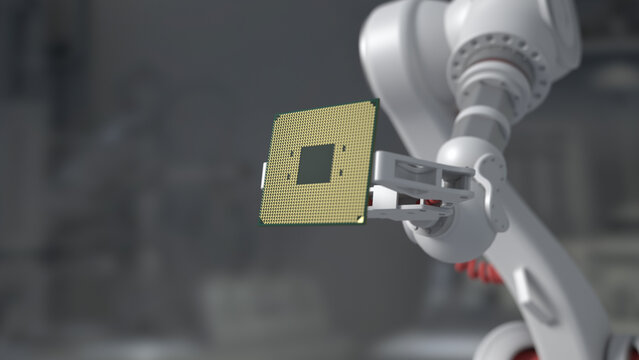 The robot holds a productive processor for a personal computer. Blurry gray background. The concept of future technologies . semiconductors.