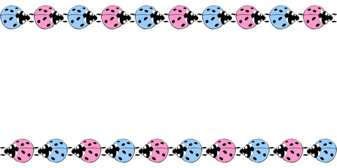 Vector border, frame of cute pink blue ladybugs in doodle flat style. Horizontal top and bottom edging, decoration for Natural design, kids theme