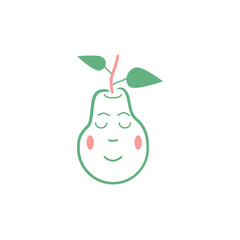 Ripe pear with leaves and face. Fruit for children's illustration.