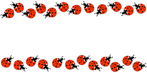 Vector border, frame of cute bright red ladybugs in doodle flat style. Horizontal top and bottom edging, decoration for Natural design, kids theme