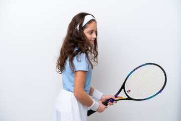 Little girl isolated on white background playing tennis