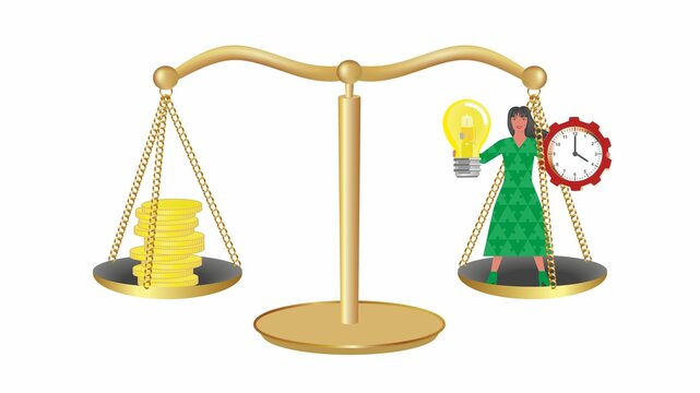 Wage Negotiations. What Is The Work Worth. Golden Weight Scale With Money On One Side And Woman At The Other. Fair Salary Discussion. Vector Illustration. Isolated On White Background.