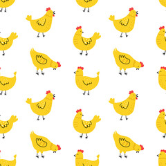 Seamless pattern with cute hand drawn chickens. Vector illustration for background.