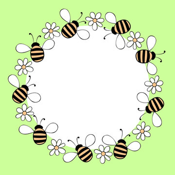 Vector round frame, border, wreath from fat little bees and flowers in doodle style. Cute cartoon honey insects on glade. Bright background, decoration for spring, summer, children pattern