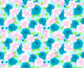 Fototapeta na wymiar Japanese Cute Sweet Rose Flower Vector Seamless Pattern