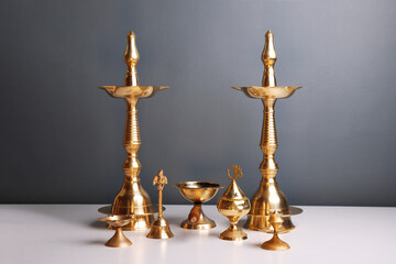 Indian traditional samai or samayee brass lamp, puja thali with includig kalash agarbatti
diya dhup...