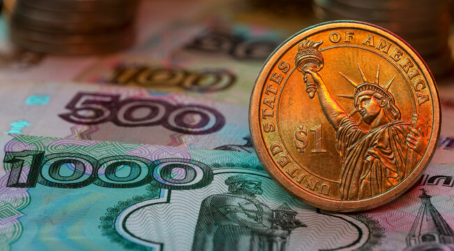 Russian Ruble Banknotes and US Dollar Inflation Ukraine War 1000 500 100 50 Macro Close Up