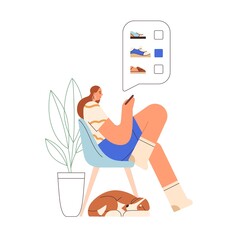 Customer shopping online, using mobile phone app. Woman shopper choosing and buying through internet with smartphone. Buyer with cellphone. Flat vector illustration isolated on white background