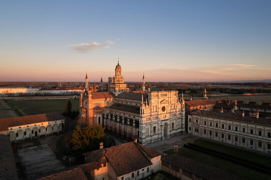 Certosa di Pavia Monastery aerial close up at sunset.