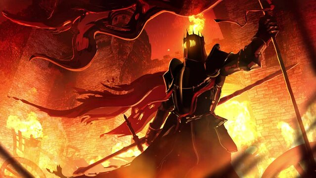 A black flaming chaos knight with a dark flag and a two-handed sword, victoriously stands in the burning ruins of a medieval castle. There is a fire burning in his helmet, looped 2d animation