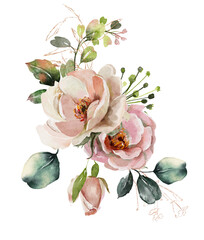 Watercolor wedding arrangements with pink and dark red roses and eucalyptus branches 