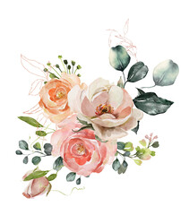 Watercolor wedding arrangements with pink and dark red roses and eucalyptus branches 