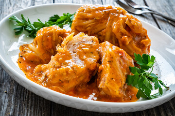 Wrapped minced meat in cabbage leaves - polish dish gołąbki
