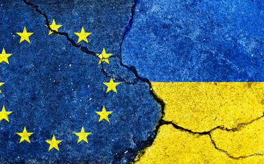 EU vs Ukraine  (War crisis , Political  conflict). Grunge country flag illustration (cracked concrete background) - obrazy, fototapety, plakaty