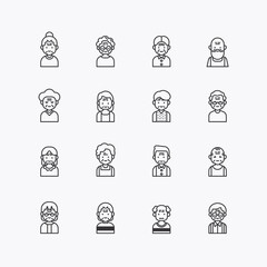 Bundle of Senior Elder women and men flat line icons collection. simple  design vector