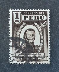 Cancelled postage stamp printed by Peru, that shows General Toribio de Luzuriaga, circa 1949.