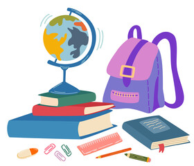 School supplies composition. Books, backpack, textbook, pencils, paper, clips and globe. ..Back to school. Children subjects for study. Cartoon Vector illustration isolated on the white background...