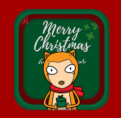 Merry Christmas vector text Calligraphic Lettering design card template for website . Christmas fox in frame . Happy smiling cartoon character. Holiday greeting card vector illustration.