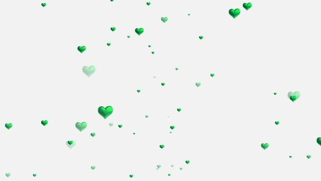 Green hearts flying fast like confetti on the white background - Motion GFX
