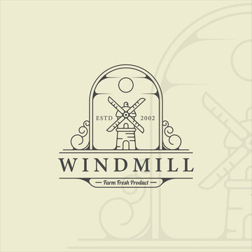 windmill logo line art simple minimalist vector illustration template icon graphic design. building farm agriculture sign or symbol for business with retro badge concept