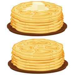 Pancakes on a plate with butter. Vector illustration set.