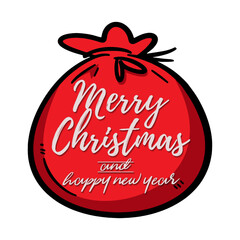 Red bag Santa Claus set. Large sack holiday for gifts. Merry Christmas vector text Calligraphic Lettering design card template for website .
