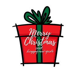 Red gift box. Large sack holiday for gifts. Merry Christmas vector text Calligraphic Lettering design card template for website .