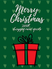 Red gift box. Large sack holiday for gifts. Merry Christmas vector text Calligraphic Lettering design card template for website .