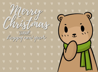Merry Christmas vector text Calligraphic Lettering design card template for website . bear with light brown signboard. Happy smiling cartoon character. Holiday greeting card vector illustration.