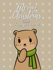 Merry Christmas vector text Calligraphic Lettering design card template for website . bear with light brown signboard. Happy smiling cartoon character. Holiday greeting card vector illustration.