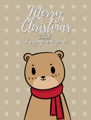 Merry Christmas vector text Calligraphic Lettering design card template for website . bear with light brown signboard. Happy smiling cartoon character. Holiday greeting card vector illustration.