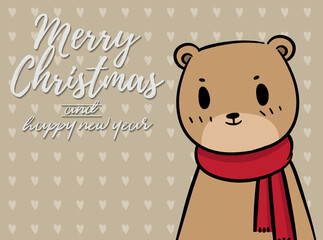Merry Christmas vector text Calligraphic Lettering design card template for website . bear with light brown signboard. Happy smiling cartoon character. Holiday greeting card vector illustration.