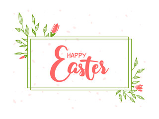 Spring lettering. Vector illustration with texture on a white background. Happy Easter. A frame of green branches and leaves and pink flowers.