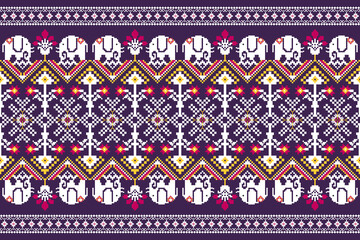 Beautiful figure tribal Thai geometric ethnic oriental pattern traditional on purple background.Aztec style embroidery abstract vector illustration.design for texture,fabric,clothing,wrapping,print. - obrazy, fototapety, plakaty