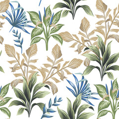 Tropical vintage green plant, blue palm leaves floral seamless pattern white background. Exotic jungle wallpaper.