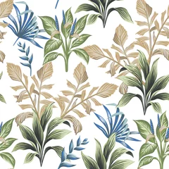 Wall murals Vintage style Tropical vintage green plant, blue palm leaves floral seamless pattern white background. Exotic jungle wallpaper.