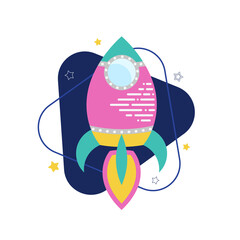 Rocket ship with space and stars on blue background. Logo