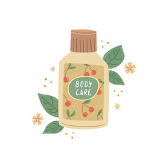 Vector illustration of a bottle with a body cream with botanical decor. Beauty Industry
