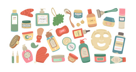 Vector set of cosmetics for face and body care. Beauty industry, home care.