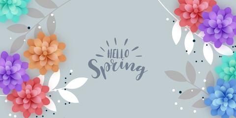 vector spring banner background with spring text and colorful paper cut flower elements vector illustration