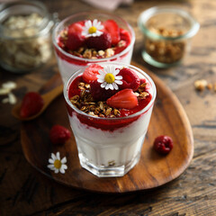Yogurt dessert with granola and berries