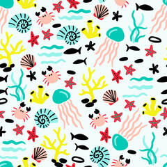 Funky Underwater Animals Vector Seamless Pattern