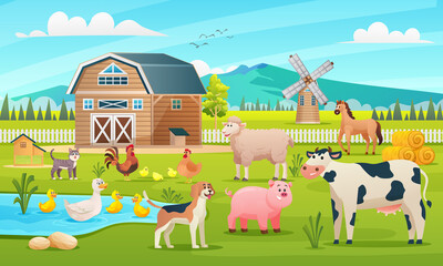 Obraz na płótnie Canvas Farm animals set in the farming background cartoon illustration
