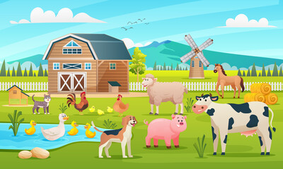 Farm animals set in the farming background cartoon illustration