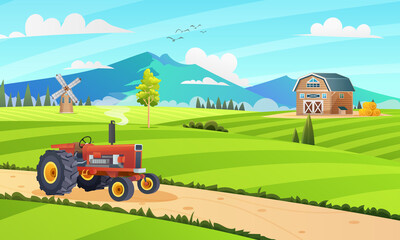 Rural farm field landscape with tractor and buildings cartoon illustration concept